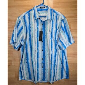 MCEDAR Mens XL Blue Watercolor Stripe Button Shirt Short Sleeve Casual NWT